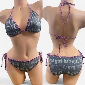 Victoria's Secret Bikini Gray Silver Shine Hot Pink Leopard Trim Y2K Retro Vtg